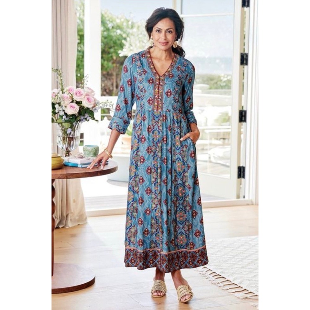 Soft Surroundings Petite XS Blue Embroidered Boho Midi Maxi Dress Beaded boholux